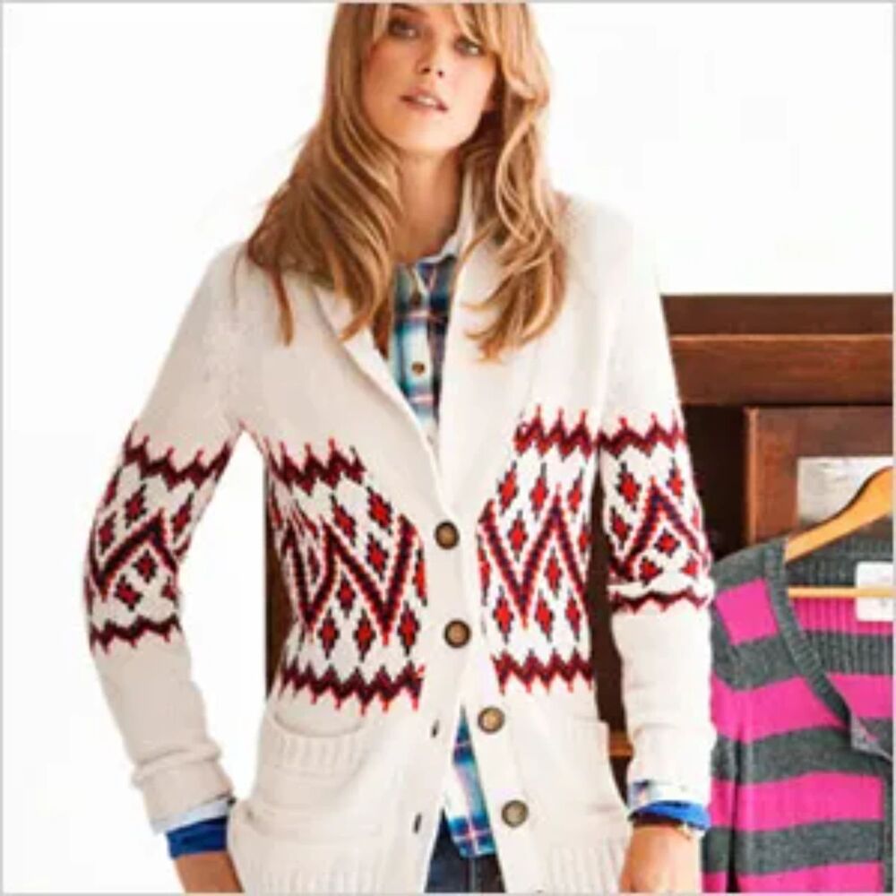 L.O.G.G. Chunky Cozy Button-Down Cardigan Cream with Red Patch Pockets Medium